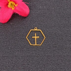 Hexagon Design Cross  Shape Solid Gold Charm